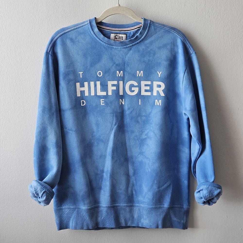 Tommy Hilfiger Denim Crew Neck Sweatshirt Men's XS Blue Tie-Dye Logo Jumper